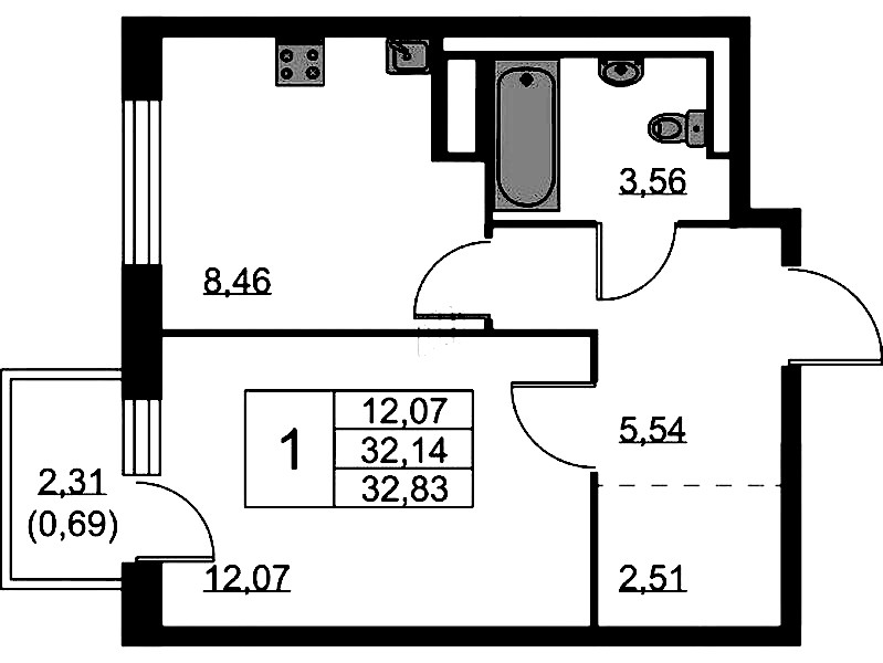 1-комнатная квартира 32.83 м², 5/9 эт., ЖК «Квартал Лаголово»